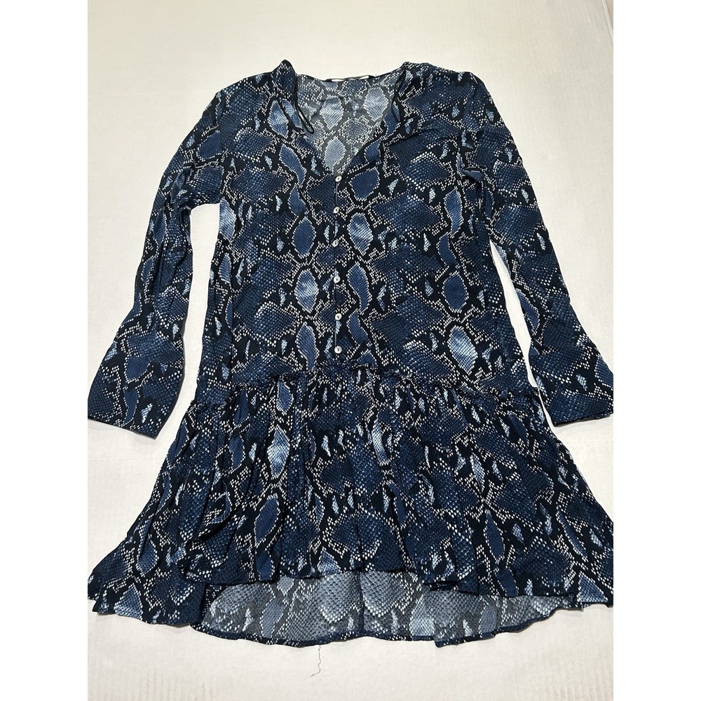 Zara Shirt Dress Blue Snakeskin Ruffle Hem V Neck Button Mini. Medium